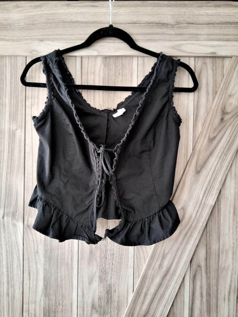SELF E Ruffled Lace-Up Black Camisole